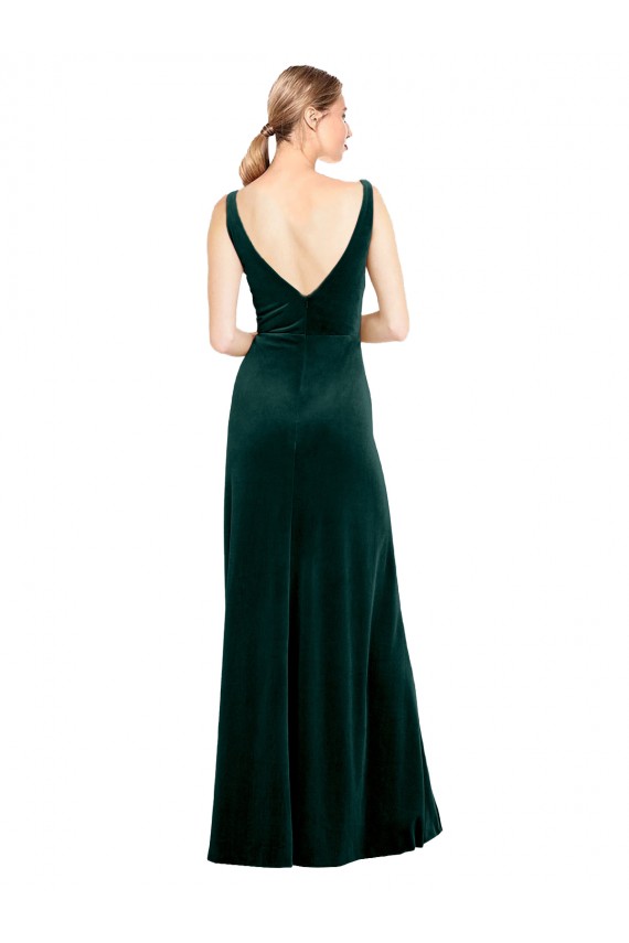 Sleek V-Neck Long Formal Velvet Bridesmaid Dress / Prom Dress with Side Slit UK