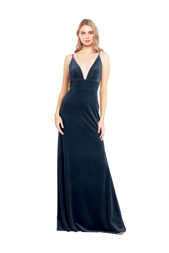 V-Back Long Velvet Bridesmaid Dress / Prom Dress with Notched V-Neck and Spaghetti Straps UK