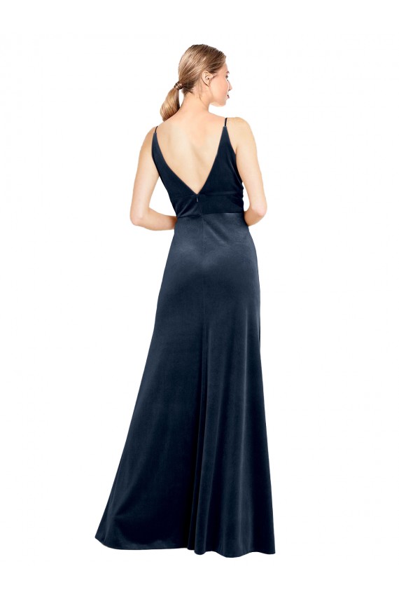 V-Back Long Velvet Bridesmaid Dress / Prom Dress with Notched V-Neck and Spaghetti Straps UK