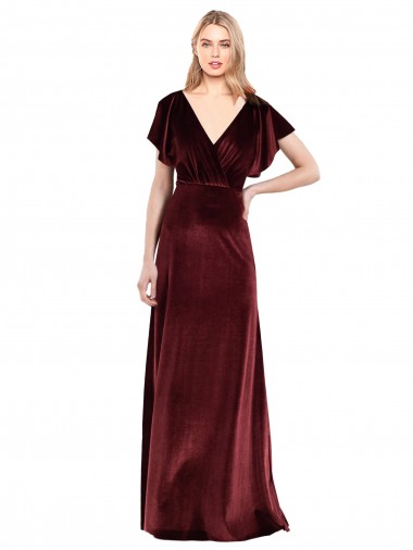 Flutter Sleeves Open Back Long Velvet Bridesmaid Dress / Prom Dress UK