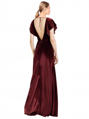 Flutter Sleeves Open Back Long Velvet Bridesmaid Dress / Prom Dress UK