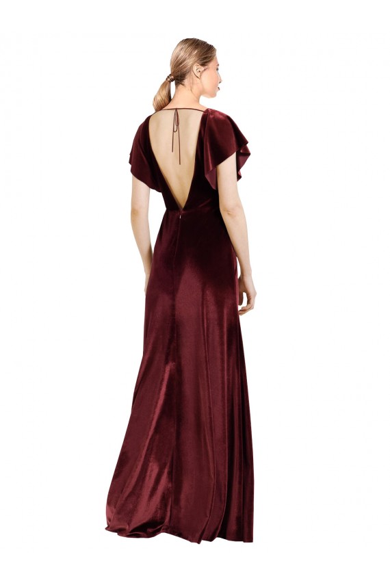Flutter Sleeves Open Back Long Velvet Bridesmaid Dress / Prom Dress UK