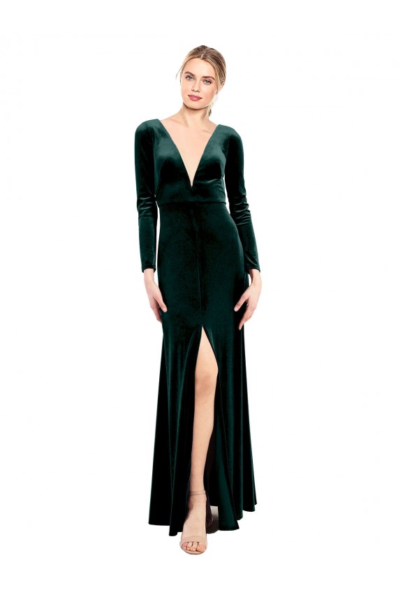 Plunging V-Neckline Long Sleeves Open Back Velvet Bridesmaid Dress / Prom Dress UK