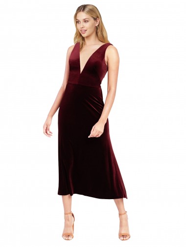 Daring Plunging V-Neckline Short Midi Cocktail Length Velvet Bridesmaid Dress / Prom Dress UK