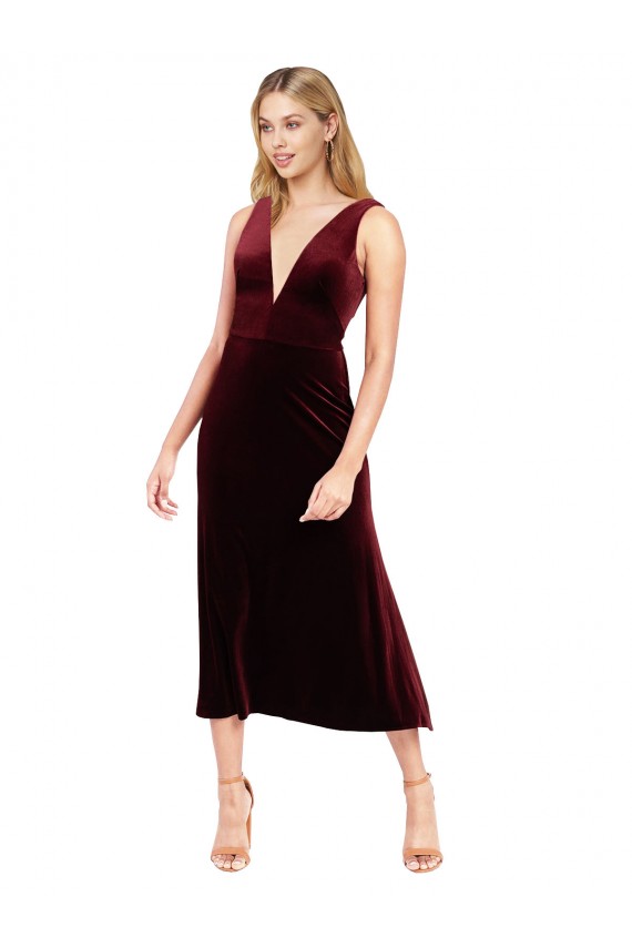 Daring Plunging V-Neckline Short Midi Cocktail Length Velvet Bridesmaid Dress / Prom Dress UK