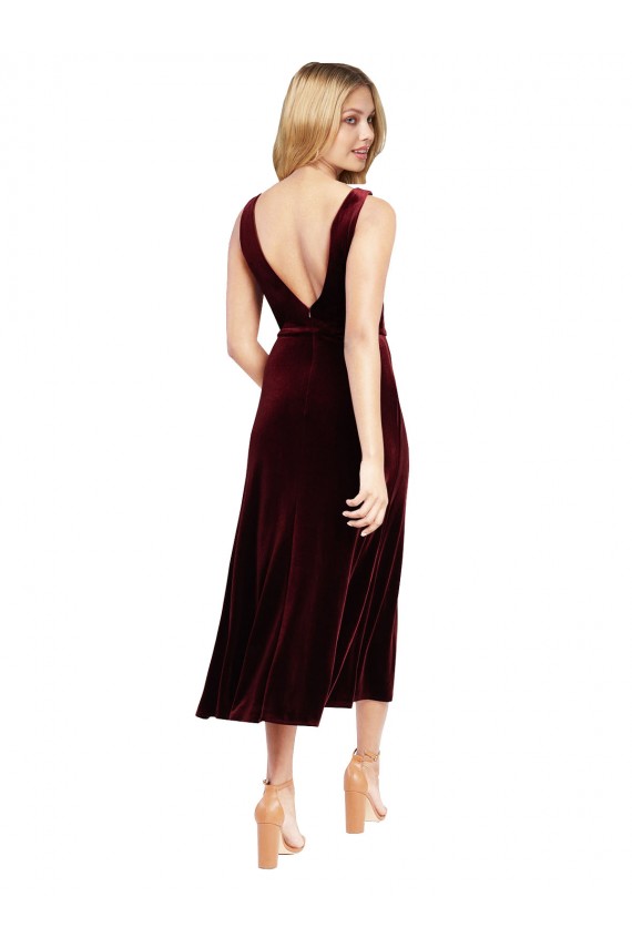 Daring Plunging V-Neckline Short Midi Cocktail Length Velvet Bridesmaid Dress / Prom Dress UK