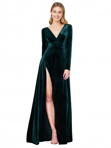 Deep V-Neck Long Sleeves Formal Velvet Bridesmaid Dress / Prom Dress with High Side Split UK