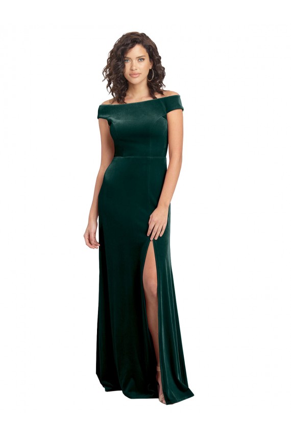Floor Length Cap Sleeves Long Formal Velvet Bridesmaid Dress / Prom Dress with High Side Slit UK