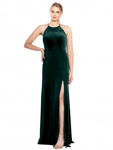 Long Jewel Neck Full Length Velvet Bridesmaid Dress / Prom Dress with Side Slit UK