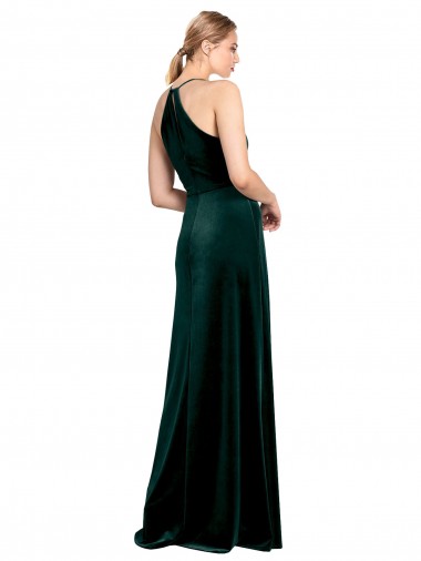 Long Jewel Neck Full Length Velvet Bridesmaid Dress / Prom Dress with Side Slit UK