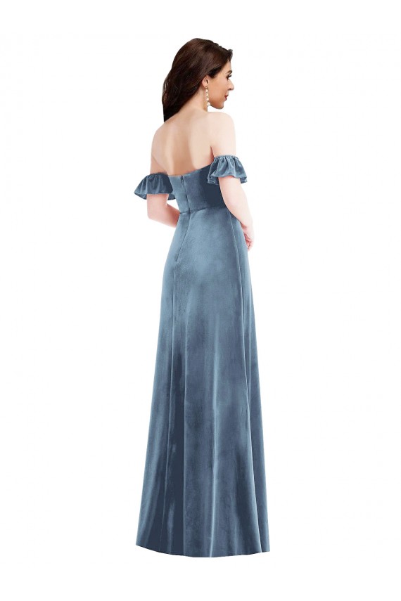 Ruffle Sleeve Off the Shoulder Velvet Maxi Bridesmaid Dress / Prom Dress UK