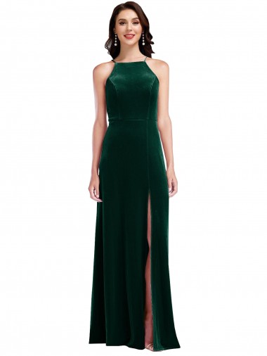 Velvet Halter Maxi Bridesmaid Dress / Prom Dress with Front Slit UK
