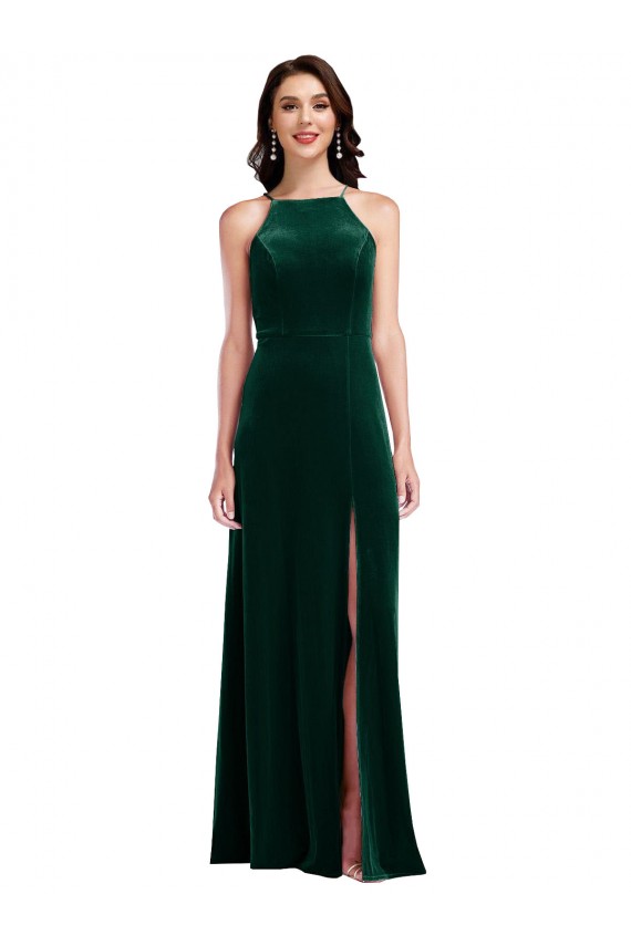 Velvet Halter Maxi Bridesmaid Dress / Prom Dress with Front Slit UK