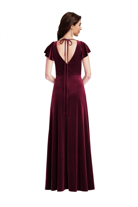 Flutter Sleeve Velvet Maxi Bridesmaid Dress / Prom Dress with Pockets UK
