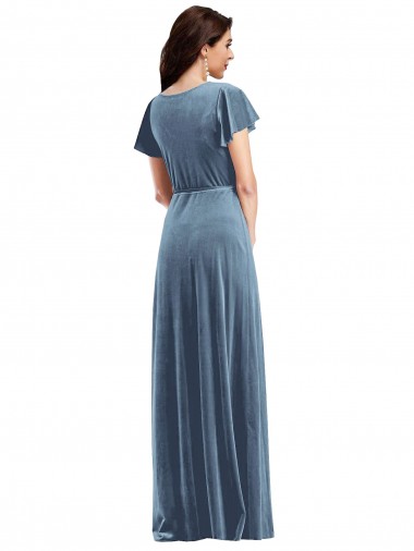Flutter Sleeve Velvet Wrap Maxi Bridesmaid Dress / Prom Dress with Pockets UK