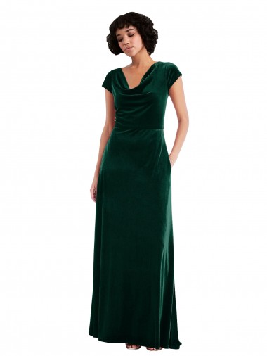 Cowl Neck Cap Sleeve Velvet Maxi Bridesmaid Dress / Prom Dress with Pockets UK