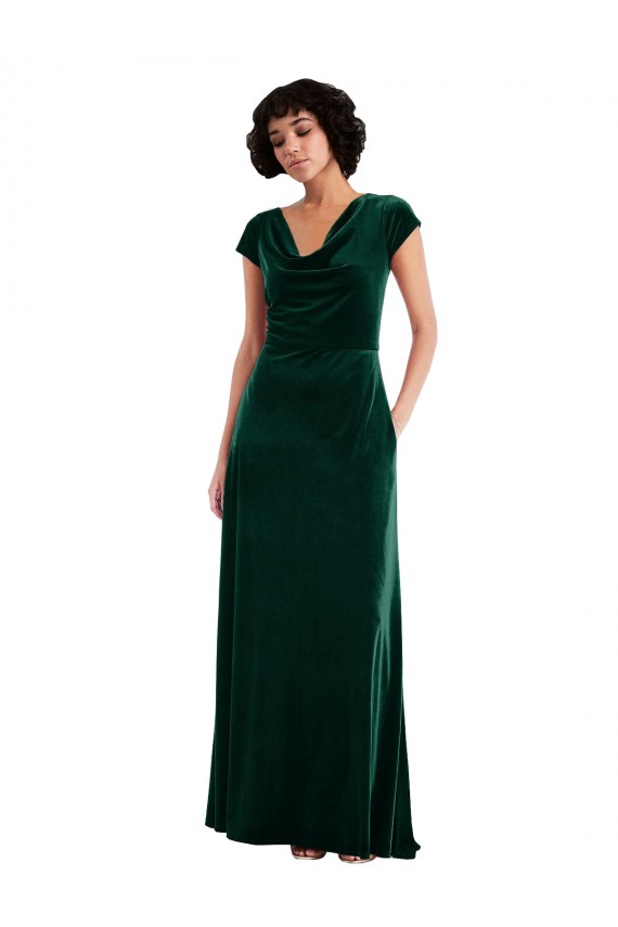 Cowl Neck Cap Sleeve Velvet Maxi Bridesmaid Dress / Prom Dress with Pockets UK