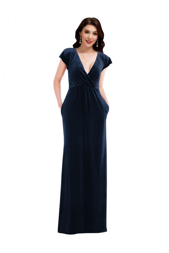 Flutter Sleeve Wrap Bodice Formal Velvet Maxi Bridesmaid Dress / Prom Dress with Pockets UK