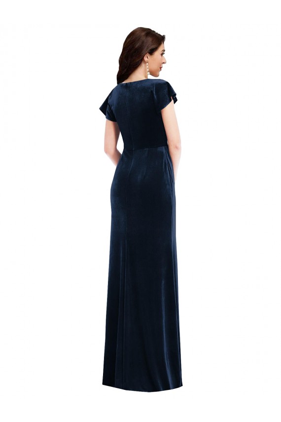 Flutter Sleeve Wrap Bodice Formal Velvet Maxi Bridesmaid Dress / Prom Dress with Pockets UK