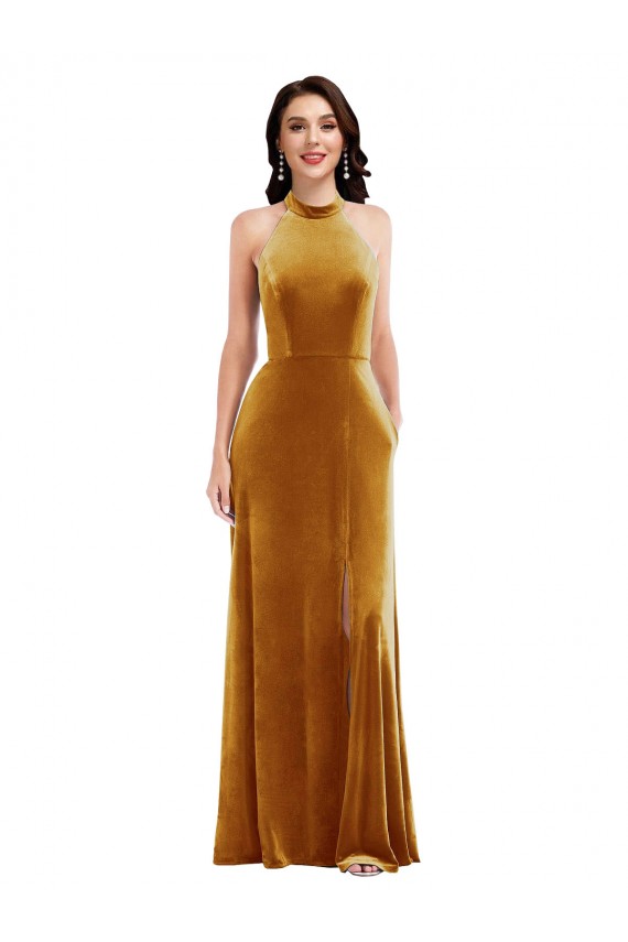 High-Neck Halter Velvet Maxi Bridesmaid Dress / Prom Dress with Front Slit UK