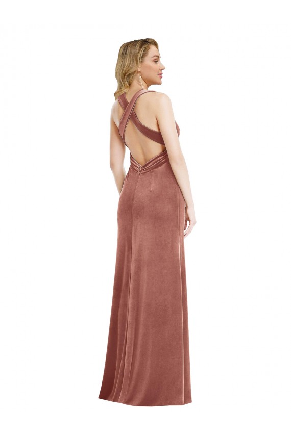 Plunging Neckline Formal Velvet Maxi Bridesmaid Dress / Prom Dress with Criss Cross Open Back UK