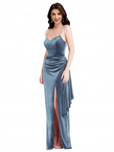 Spaghetti Strap Formal Velvet Maxi Bridesmaid Dress / Prom Dress with Draped Skirt UK
