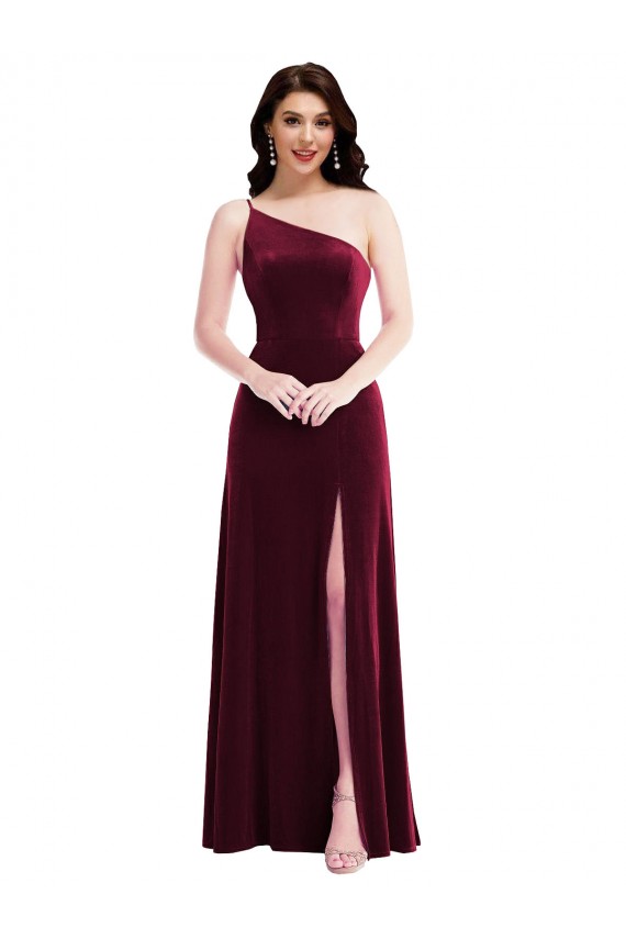 One Shoulder Spaghetti Strap Velvet Maxi Bridesmaid Dress / Prom Dress with Pockets UK