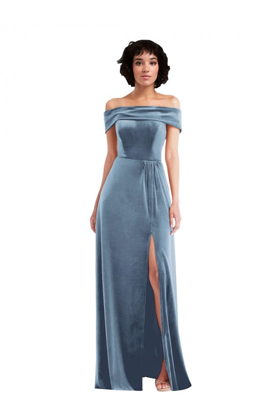 Draped Cuff Off the Shoulder Velvet Maxi Bridesmaid Dress / Prom Dress with Pockets UK