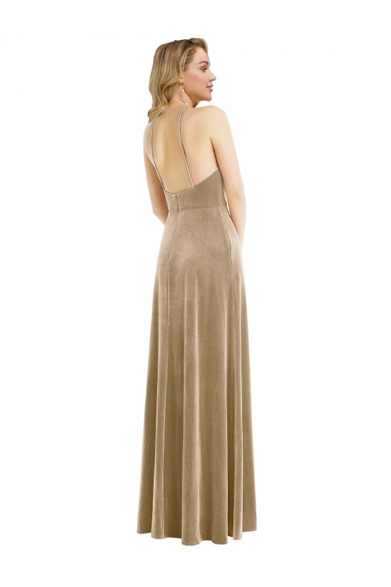 High Neck Halter Open Back Long Velvet Maxi Bridesmaid Dress / Prom Dress UK