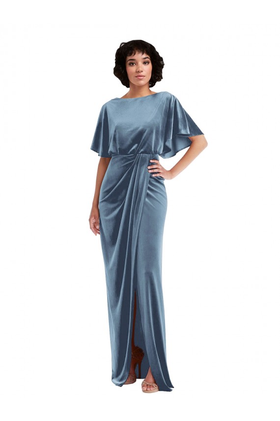 Flutter Sleeve Open Back Velvet Maxi Bridesmaid Dress / Prom Dress with Draped Wrap Skirt UK