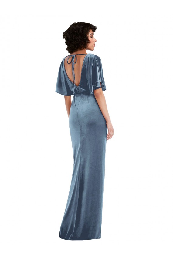 Flutter Sleeve Open Back Velvet Maxi Bridesmaid Dress / Prom Dress with Draped Wrap Skirt UK