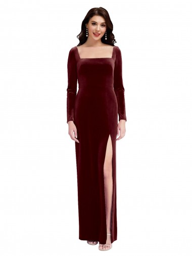 Sleek Square Neck Spaghetti Straps Velvet Bridesmaid Dress / Prom Dress with Side Slit UK