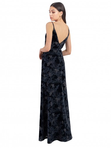 Floral Velvet Surplice V-Neck Long Bridesmaid Dress with V-Back UK