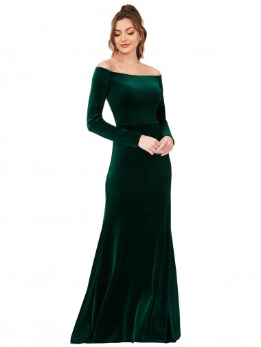 Off the Shoulder Long Sleeves Formal Stretch Velvet Bridesmaid Dress / Prom Dress UK