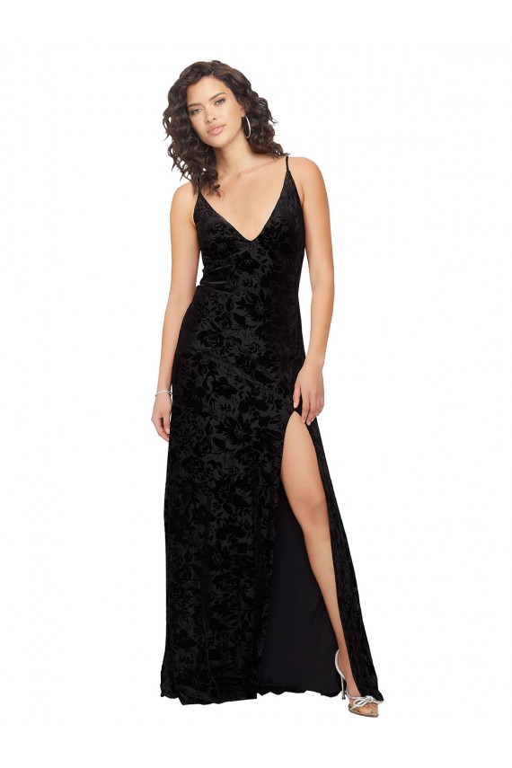 V-Neck Cowl Back Floral Velvet Bridesmaid Dress with Front Slit and Deep V-Neck UK