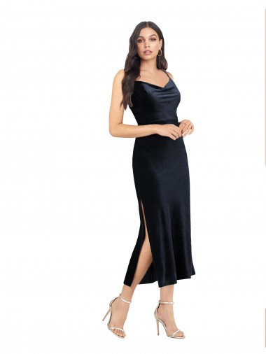 Midi Cocktail Length Formal Velvet Bridesmaid Dress / Prom Dress with Cowl Neck and Spaghetti Straps UK