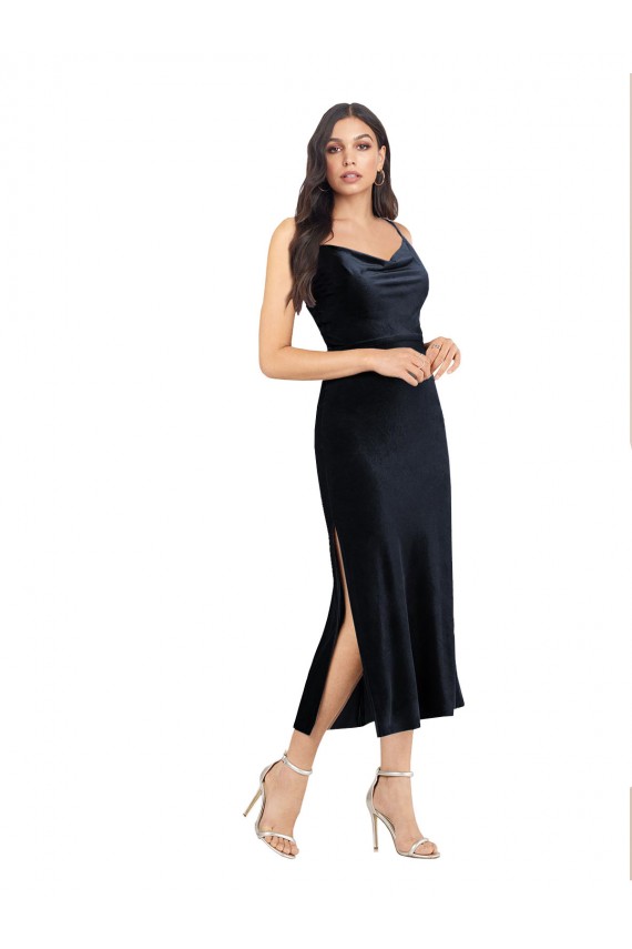 Midi Cocktail Length Formal Velvet Bridesmaid Dress / Prom Dress with Cowl Neck and Spaghetti Straps UK