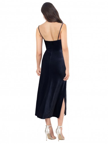Midi Cocktail Length Formal Velvet Bridesmaid Dress / Prom Dress with Cowl Neck and Spaghetti Straps UK