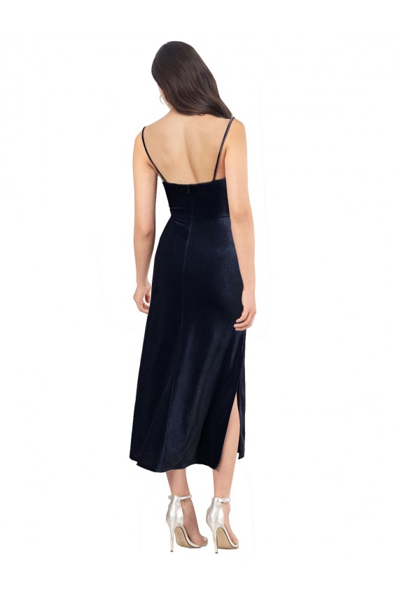 Midi Cocktail Length Formal Velvet Bridesmaid Dress / Prom Dress with Cowl Neck and Spaghetti Straps UK