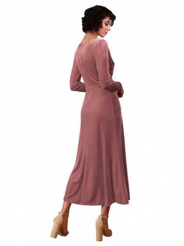 Long Sleeve Velvet Faux Wrap Midi Length Bridesmaid Dress / Prom Dress UK