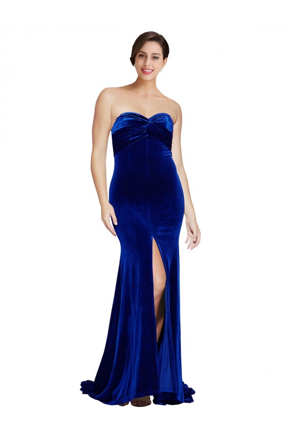 Strapless Ruched Formal Velvet Bridesmaid Dress / Prom Dress with Sweep Train and Front Slit UK