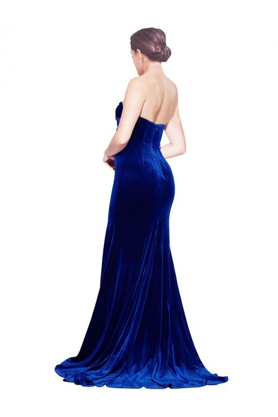 Strapless Ruched Formal Velvet Bridesmaid Dress / Prom Dress with Sweep Train and Front Slit UK