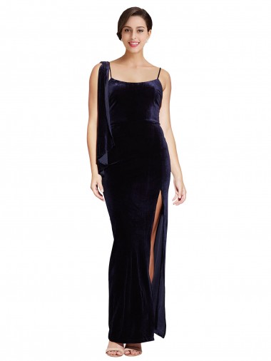 Long Formal Velvet Bridesmaid Dress / Prom Dress with Side Thigh Split and Shoulder Tie UK