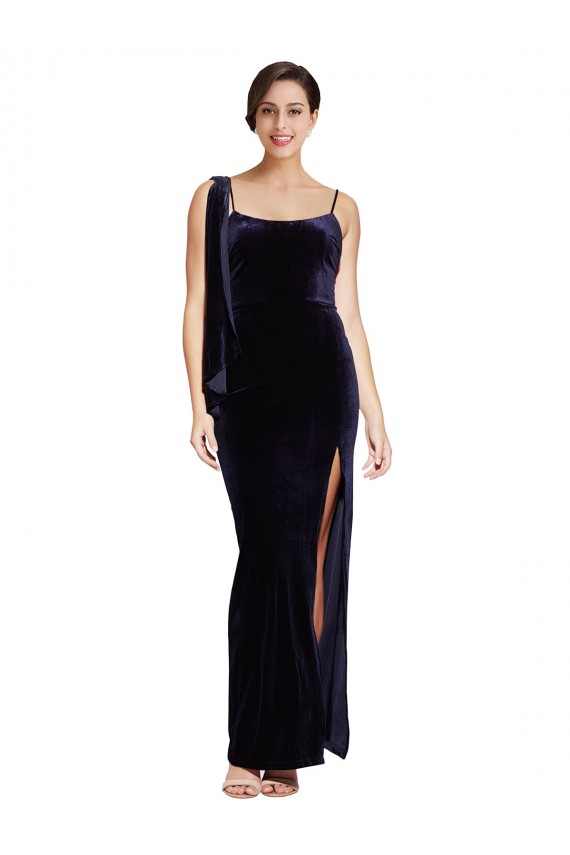 Long Formal Velvet Bridesmaid Dress / Prom Dress with Side Thigh Split and Shoulder Tie UK