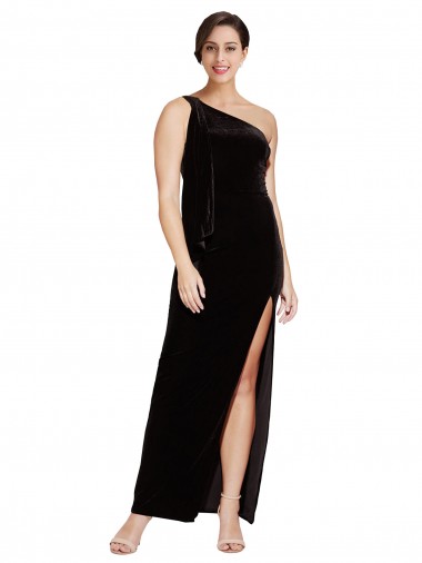 One Shoulder Long Formal Velvet Bridesmaid Dress / Prom Dress with Side Split and Shoulder Tie UK
