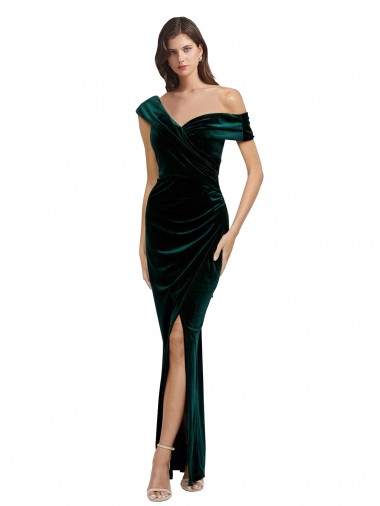 Long Asymmetric Neckline Ruched Formal Velvet Bridesmaid Dress / Prom Dress UK