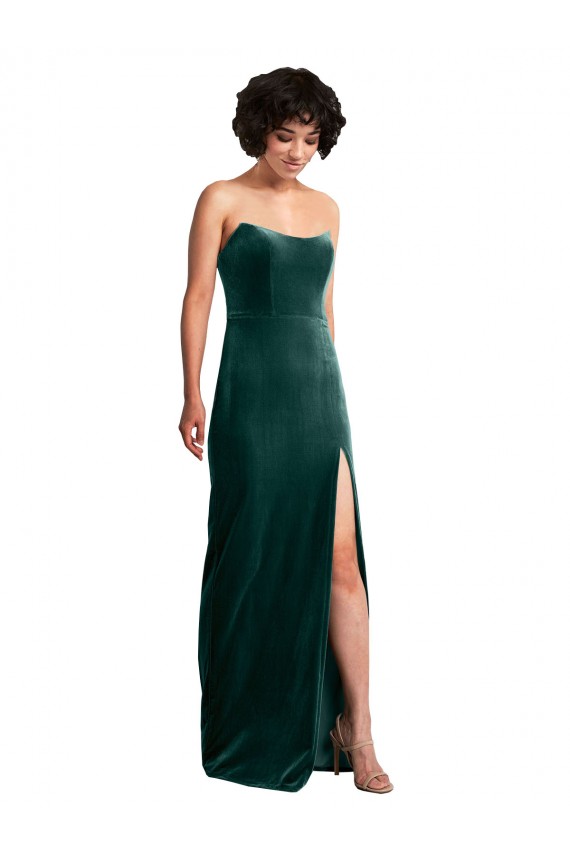 Scooped Strapless Long Formal Velvet Bridesmaid Dress / Prom Dress with Daring Side Slit UK